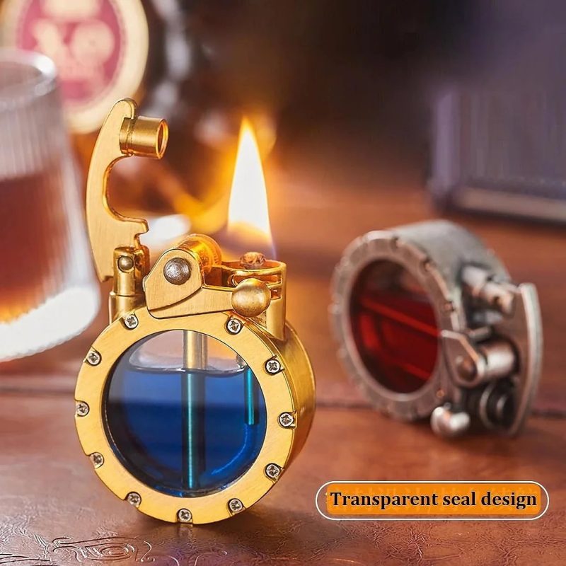 ?Vintage Trench Lighter Transparent Kerosene Lighter Antique Steampunk Lighter Cool Unique Lighter for Men (No Fuel) (Golden)